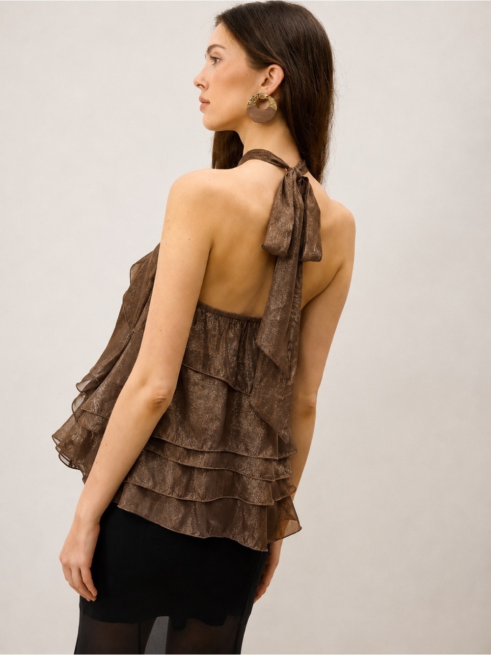 Commense Tiered Ruffle Chiffon Halter Top with 3D Flower - Picture 3 of 4